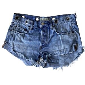 Free People Distressed Blue Jean Shorts Grommet Waistband 25